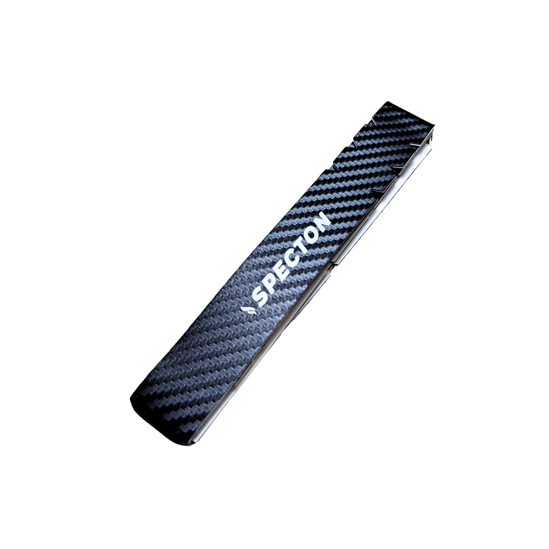 Close-up view of Specton carbon weave pickleball paddle edge protection tape