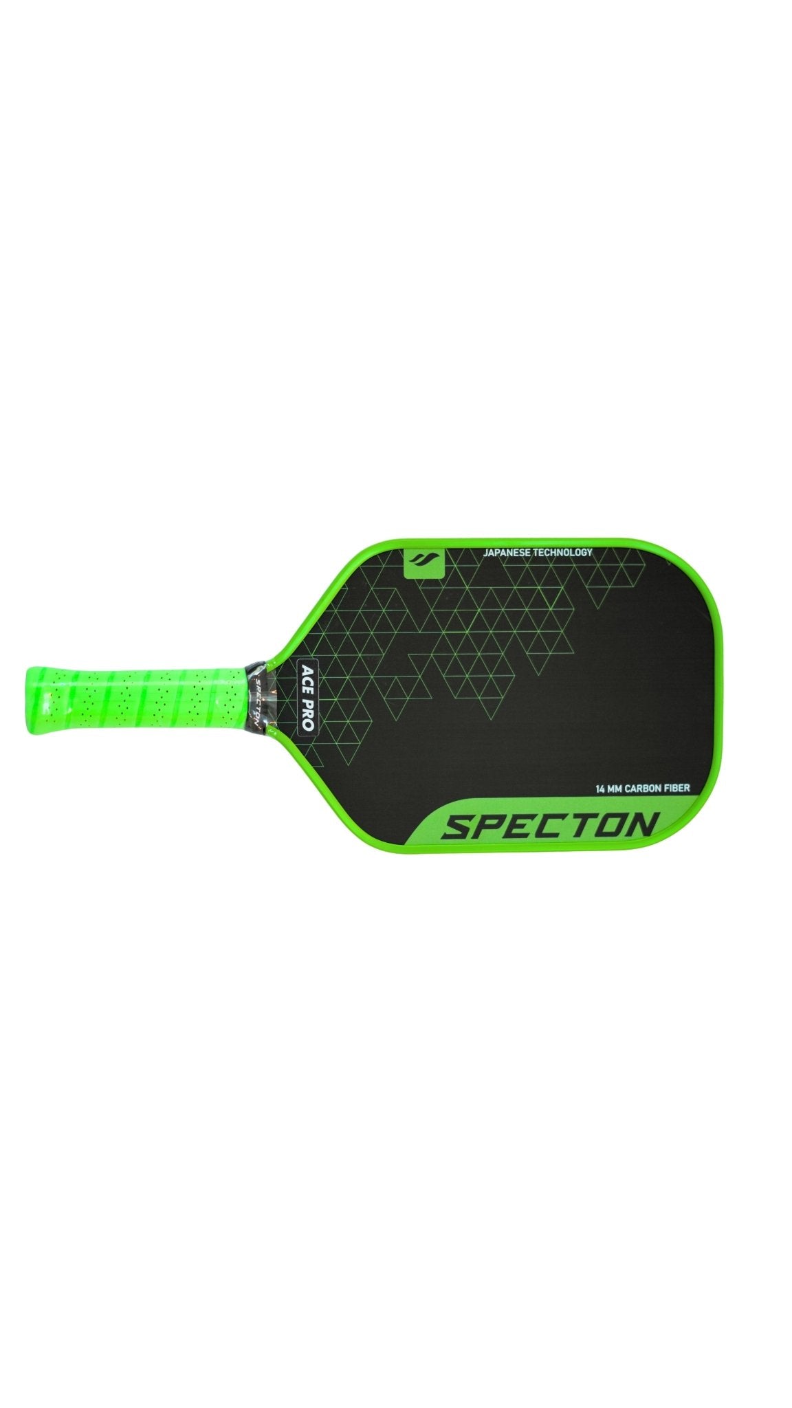 Rear view of Specton Ace Pro 14mm pickleball paddle with carbon fiber face and green grip
