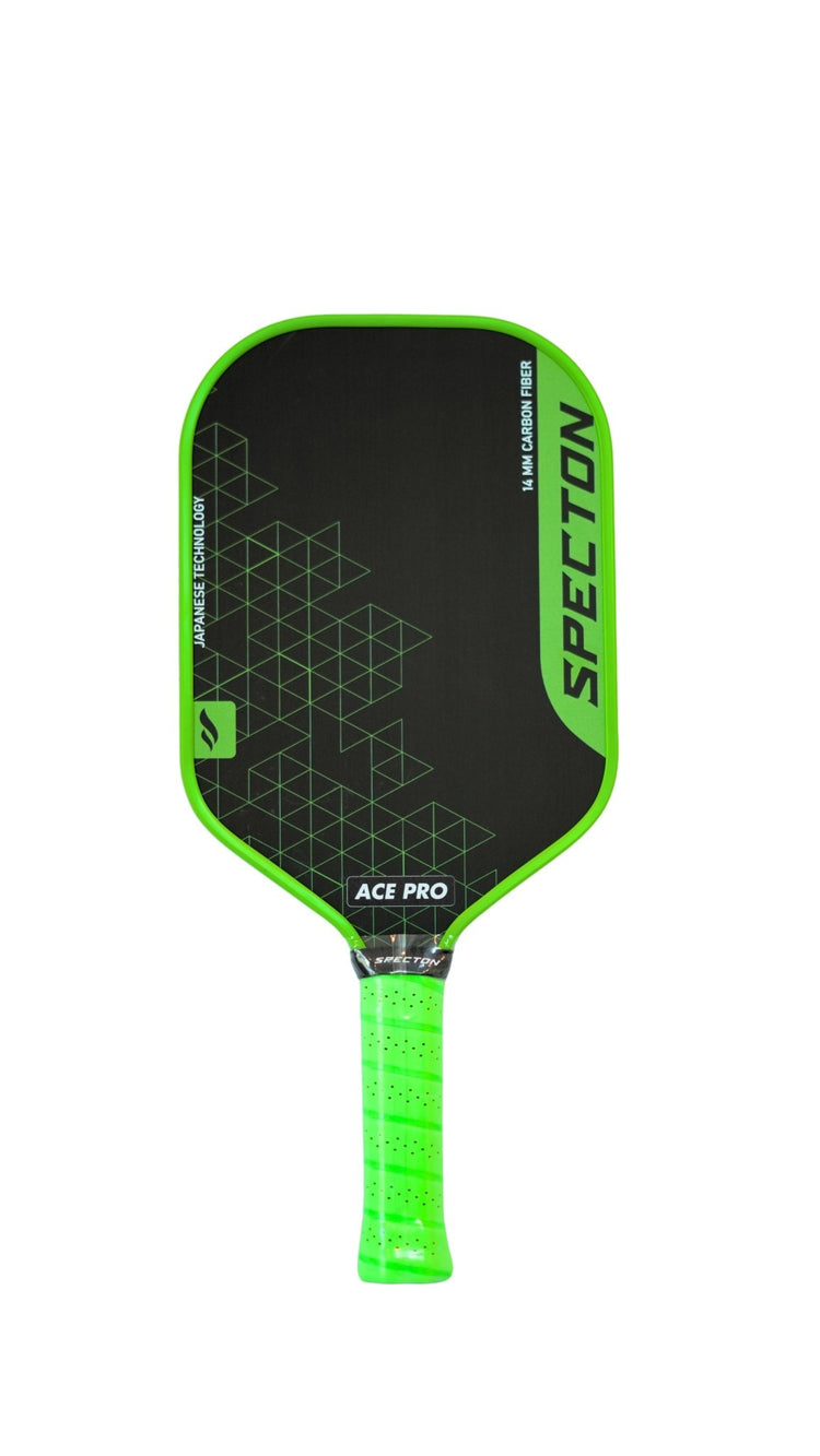 Specton Ace Pro 14mm carbon fiber pickleball paddle with green edge guard and power-focused design