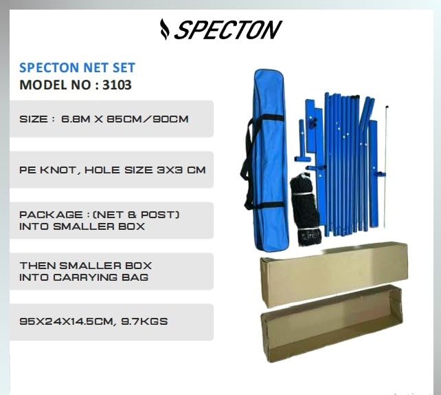 Specton Blue Portable Pickleball Net Set model 3103 with frame, net and carrying bag, Portable pickleball net system by Specton with blue steel frame, PE mesh net and travel bag