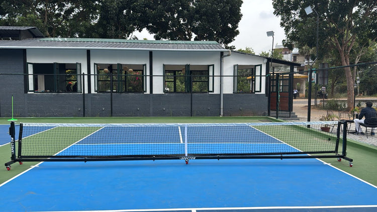 Front view of Specton Championship Pickleball Net with wheeled steel frame
