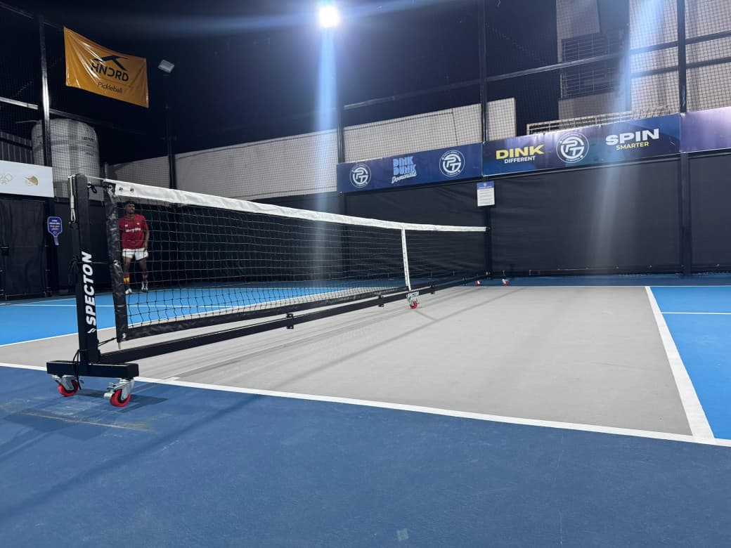 Specton Championship Pickleball Net installed on an indoor pickleball court
