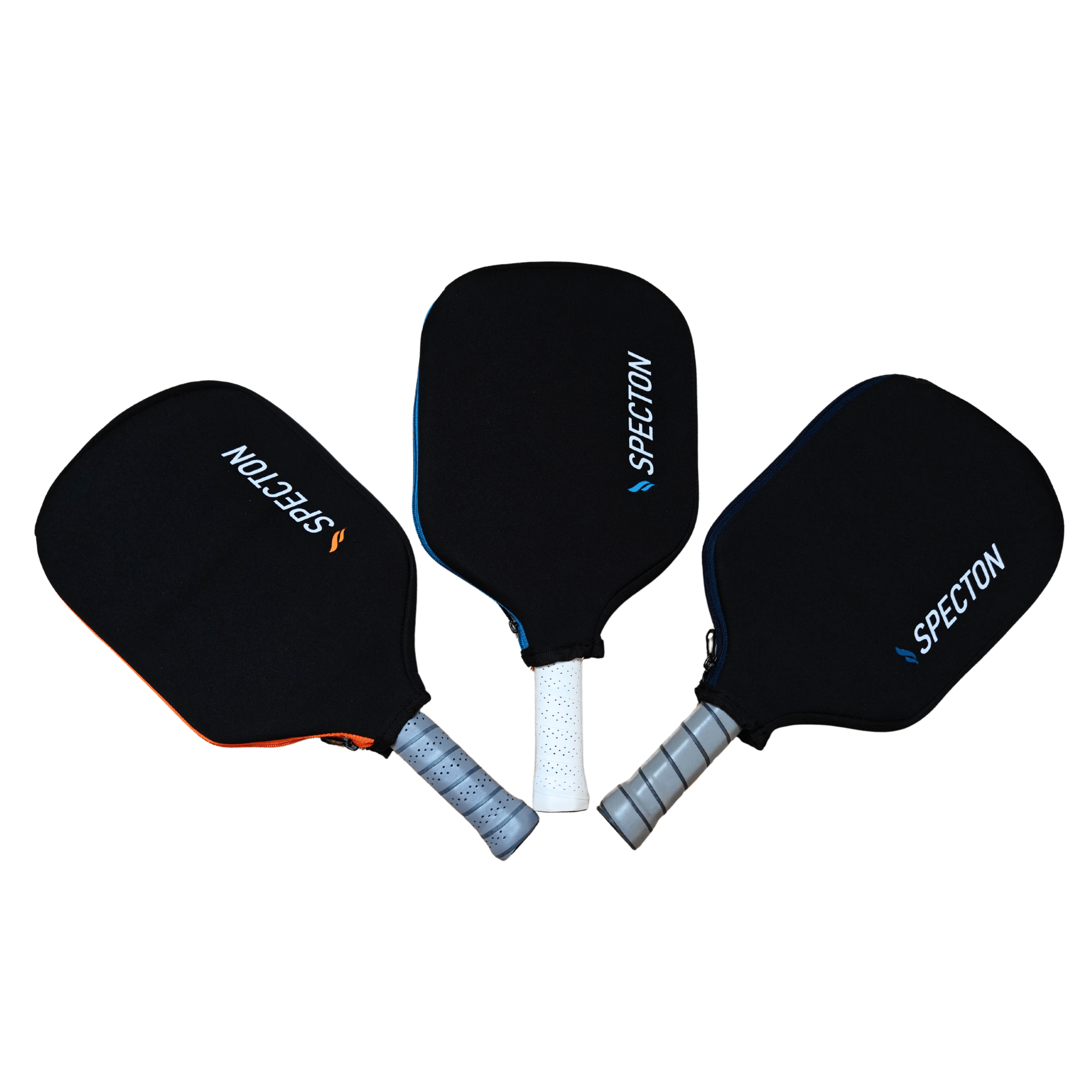 Three Specton pickleball paddle covers in orange, blue and navy blue colours