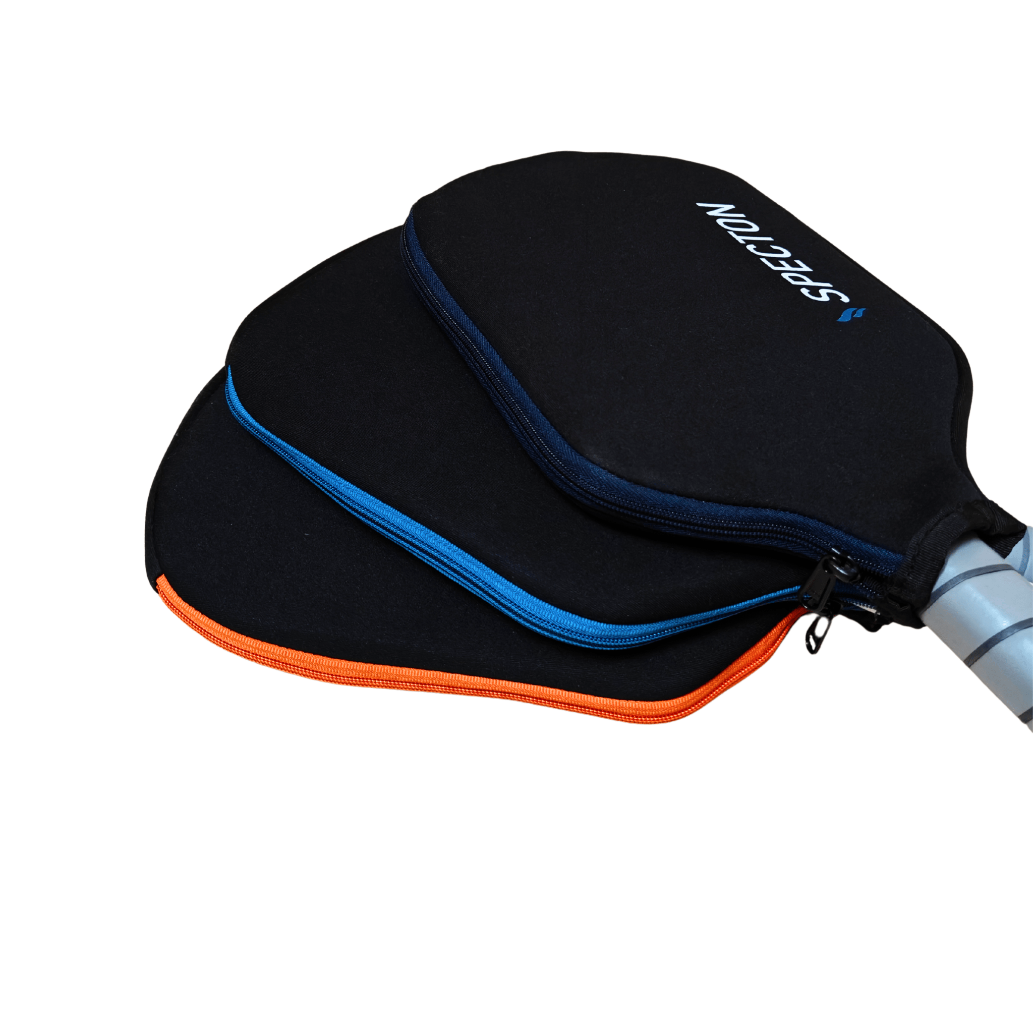 Specton paddle covers with blue and orange zipper trim for pickleball paddles