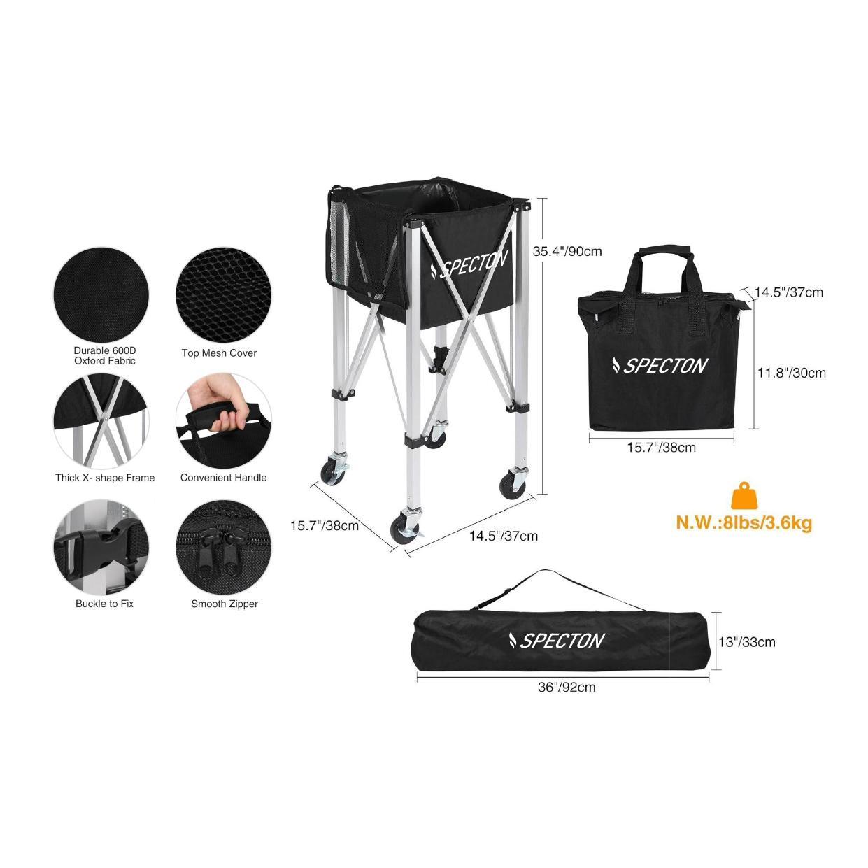 Specton Pickleball Ball Hopper with wheels featuring a foldable aluminum frame, large-capacity mesh basket, protective cover, carrying bag and easy-roll caster wheels for pickleball training and ball storage