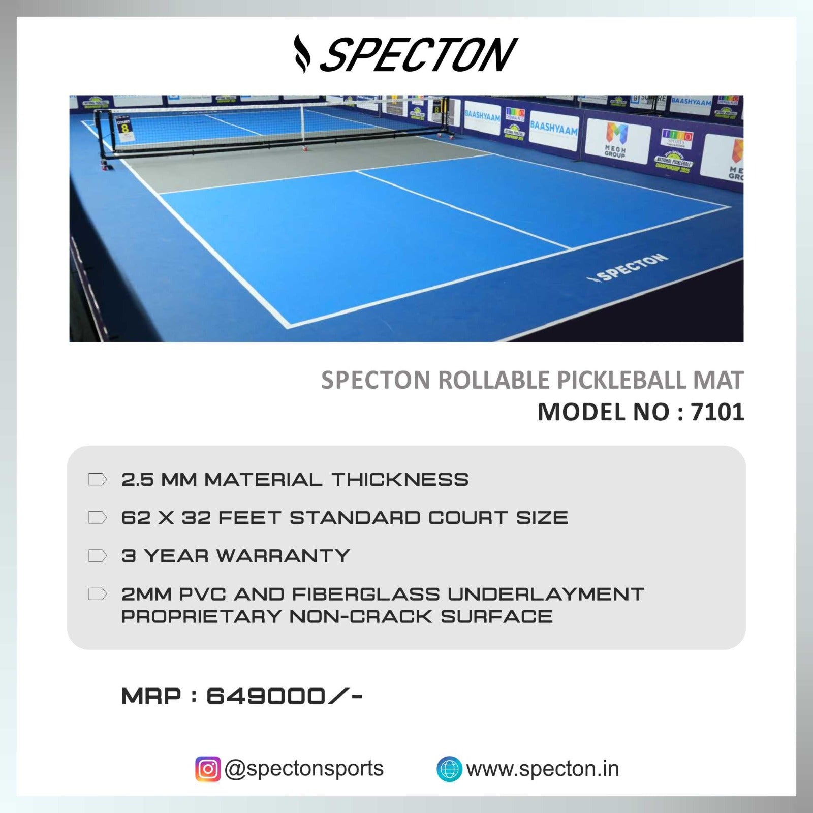 Specton rollable pickleball court flooring with PVC surface and fiberglass underlayment specifications
