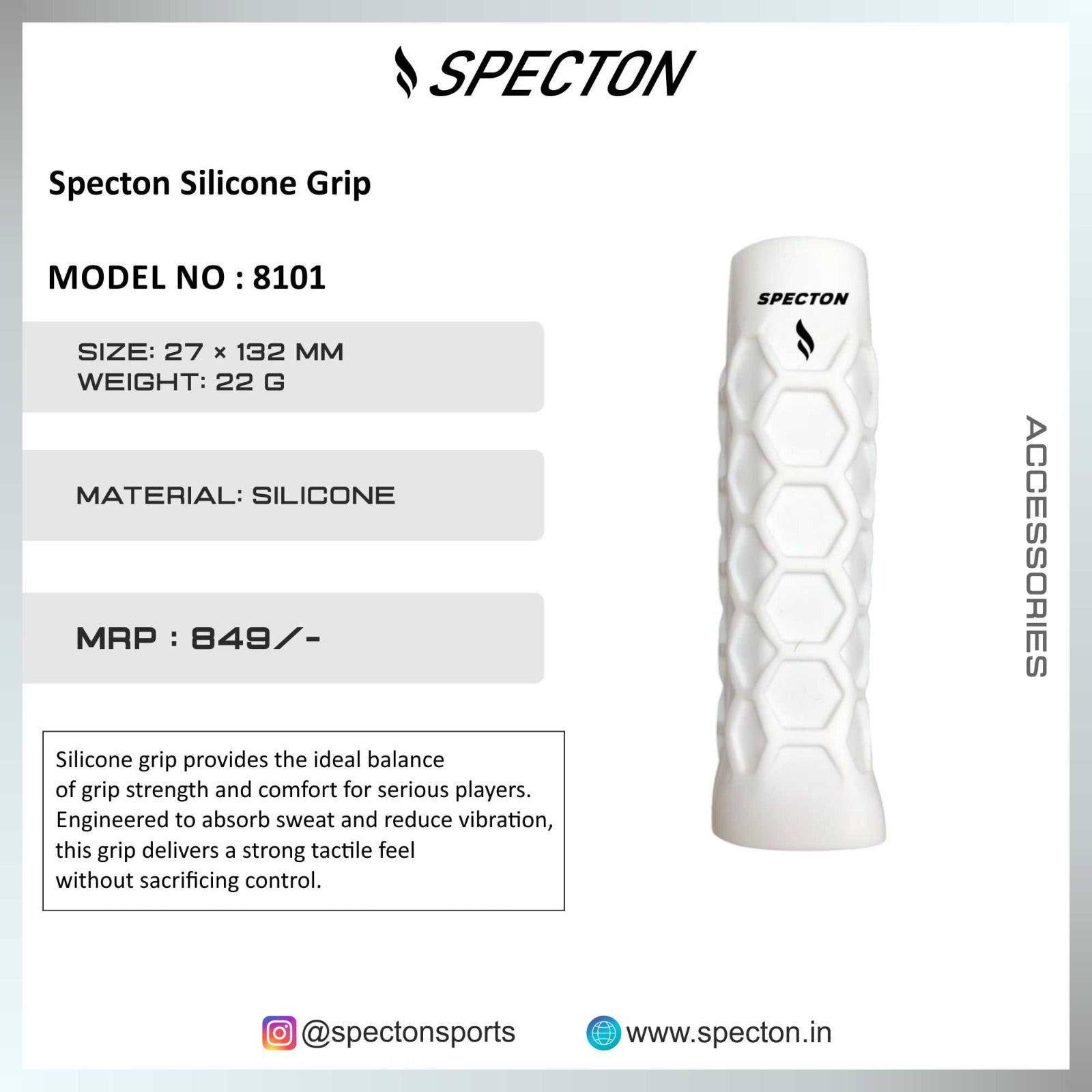 Specton silicone grip specifications showing 27 x 132 mm size, 22 g weight and silicone material