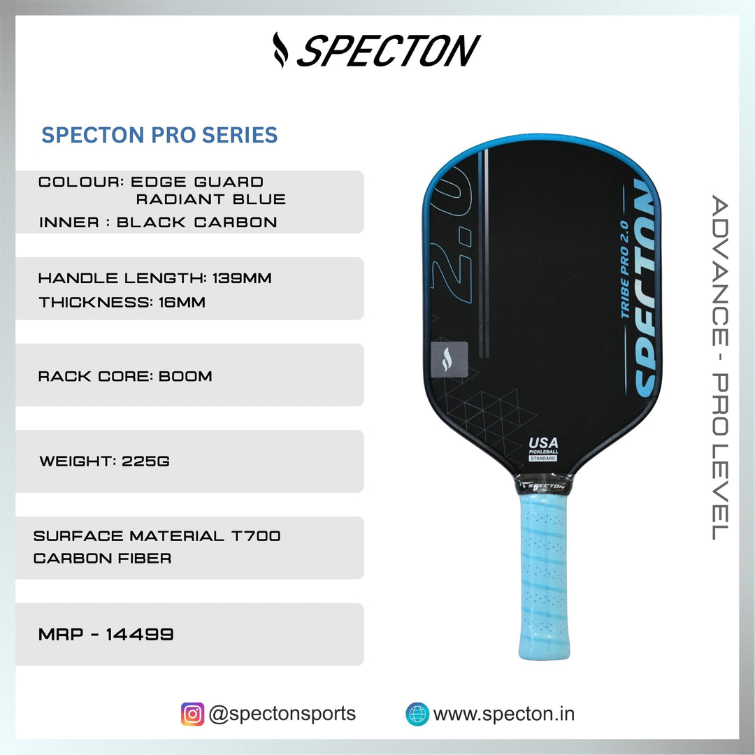 Specton Tribe Pro 2.0 Radiant Blue pickleball paddle specifications featuring 16mm core, T700 carbon fiber face and 225g weight