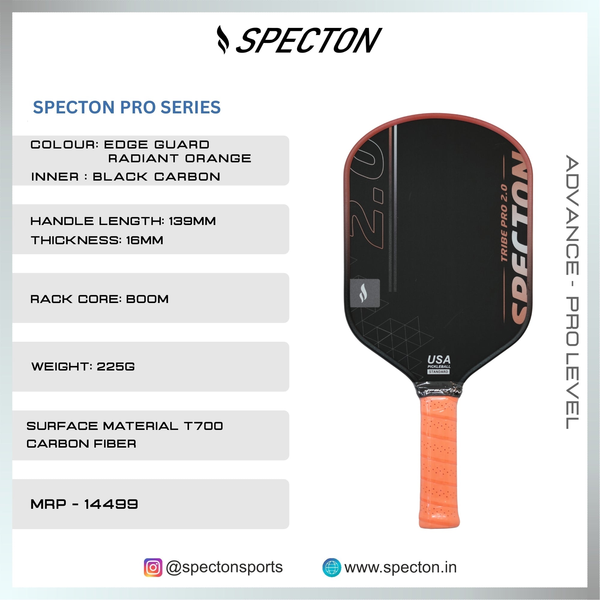 Specton Tribe Pro 2.0 16mm T700 carbon pickleball paddle specifications and features